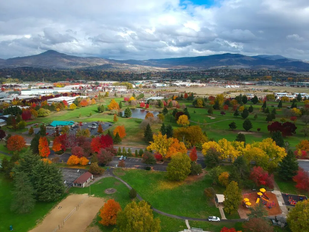 Park and rooftops below Roxy Ann Peak in Medford Park and rooftops below Roxy Ann Peak in Medford